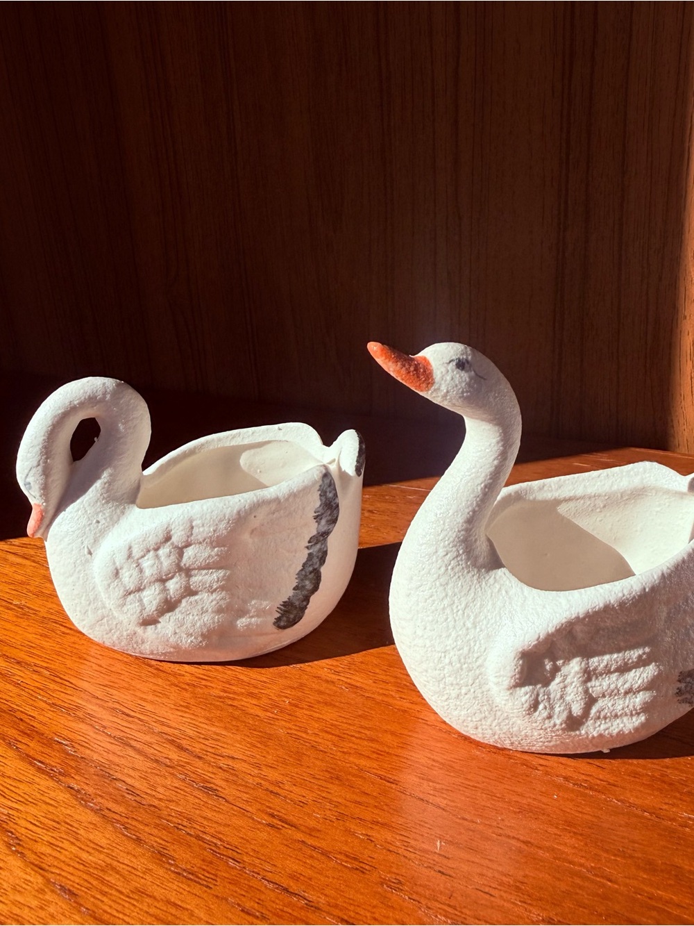 Vintage White Ceramic Swan Planter Pair with Orange Beaks